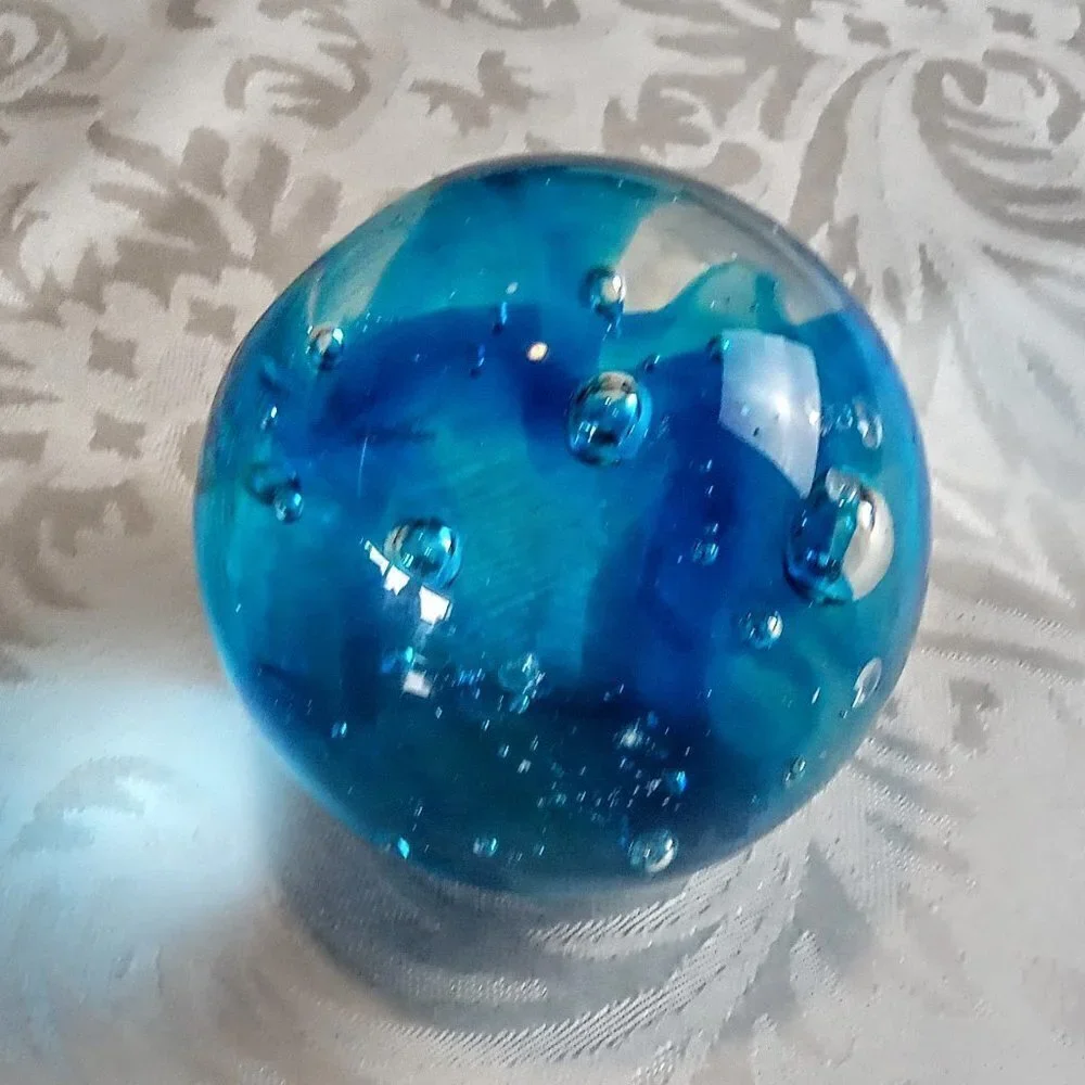 Dolphin Etched Blue Art Glass Bubble Paperweight
